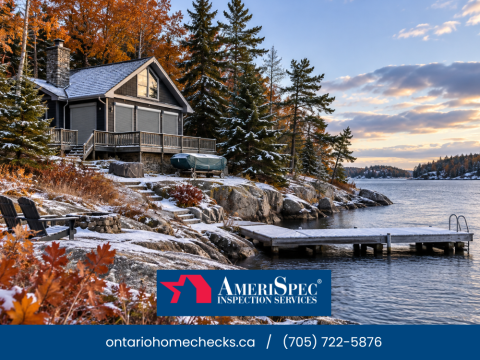 Fall-to-winter lakeside cottage in Ontario, featuring a snow-covered roof, chimney, and waterfront dock.