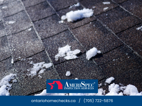 Snow on a roof with icicles melting.