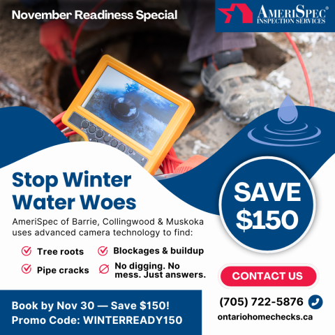 AmeriSpec ad offering $150 off winter drain camera inspections.