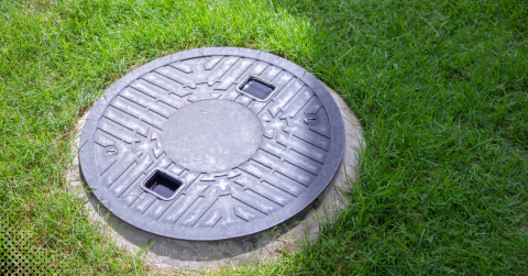 Closed septic tank cover surrounded by green grass.