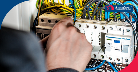 Electrician inspecting circuit breakers and wiring during a home inspection.