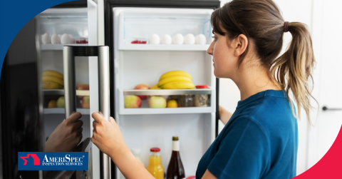 Woman opening a refrigerator filled with eggs, fruits, and drinks.