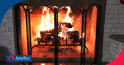 Fireplace with logs burning inside a home, showcasing the warmth and coziness of a well-maintained hearth.