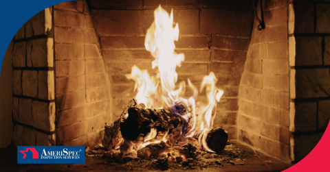 Fireplace with active fire inside brick hearth.