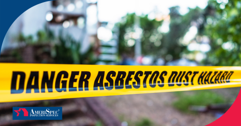 Yellow caution tape with "Danger Asbestos Dust Hazard" warning outdoors near residential area.