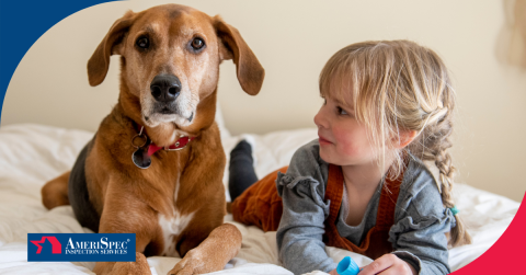 Young girl lying on a bed next to a brown dog.