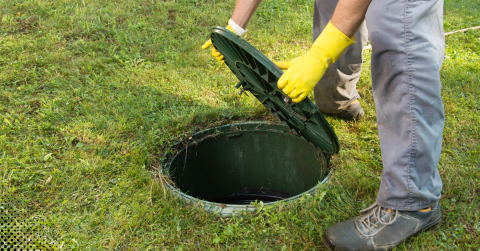 Technician opening a septic tank lid for inspection on a grassy lawn
