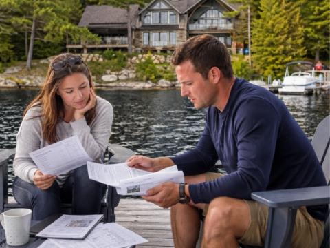 Cottage buyers reviewing home inspection report