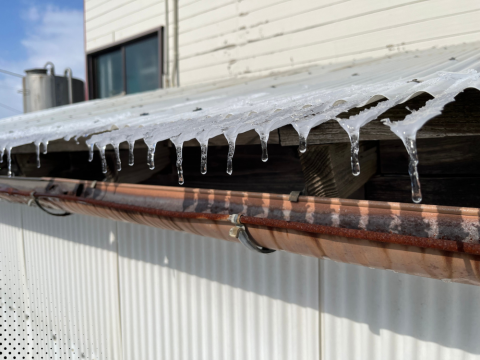 Frozen runoff and icicles along metal roof edge and gutter system.