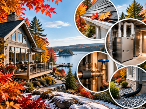 Seasonal cottage inspection in Ontario, highlighting gutters, heating systems, plumbing, and foundation drainage before winter.