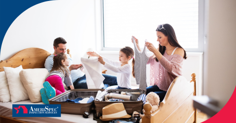 Family packing clothes into a suitcase together on a bed, preparing for a trip.